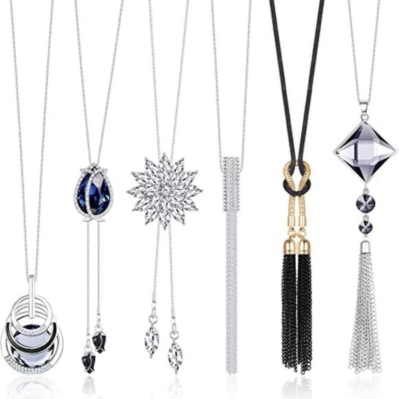 Jstyle 6Pcs Women Long Sweater Necklace Silver Plated Rhinestone Flower Tassel - Picture 1 of 4